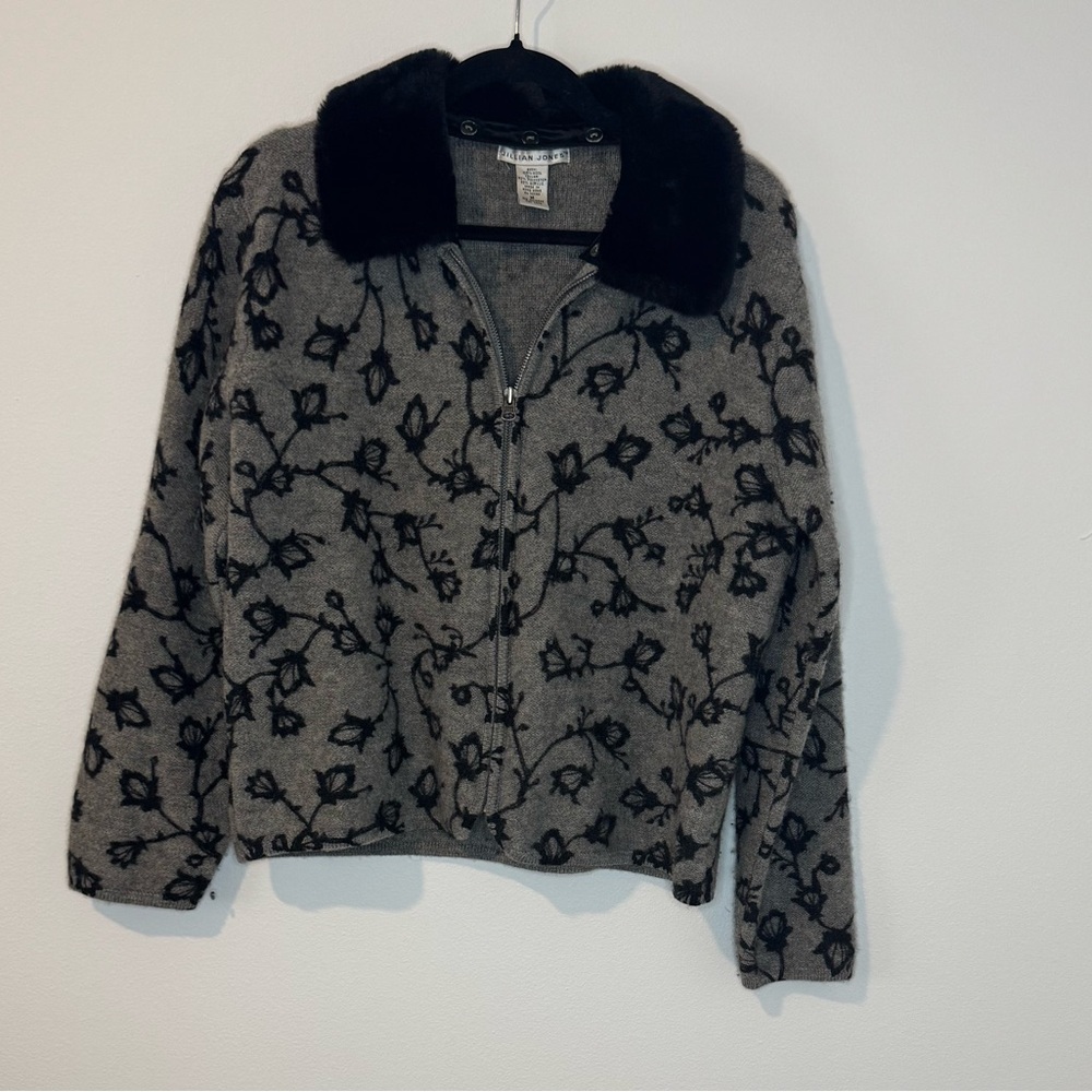 Jillian Jones Gray Floral Wool Zip-Up Sweater w/ Detachable Faux Fur Collar Sz M